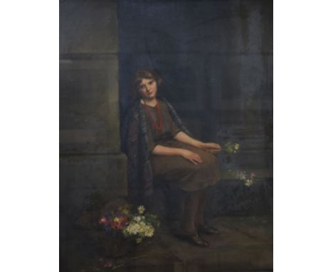 WILLIAM FIRTH oil on canvas - mid twentieth century portrait of a seated female with shawl over shoulders with flower basket 