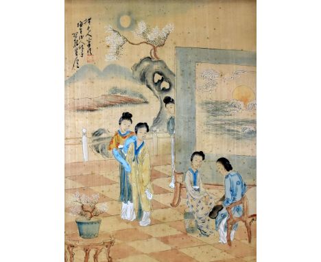 JAPANESE SCHOOL paintings on silk, a pair - depicting scenes from Japanese fables, the first 142 x 32cms, the second 45 x 34c