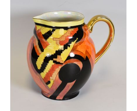 A CARLTONWARE JAZZ PATTERN LUSTRE JUG with gilded handle and rim, mottled lustre interior, 20.5cms high Condition Report: wea