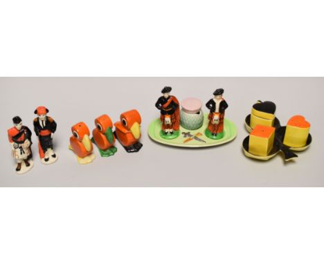 THREE NOVELTY CARLTONWARE BIRD CRUETS being a three piece orange painted bird trio, a Scottish Highlander and a playing card 
