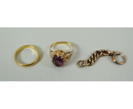 A 22CT YELLOW GOLD BAND RING, 3.53gms, a small 9ct gold item, 4gms and another antique ring, non-hallmarked