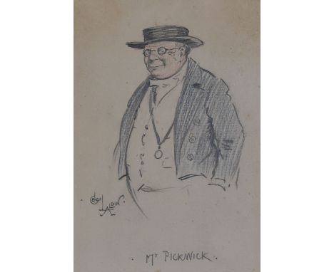 CECIL ALDIN sketch - of Mr Pickwick, 18 x 12.5 together with a print of a half timbered pub, 12 x 15cms, reclining terrier do