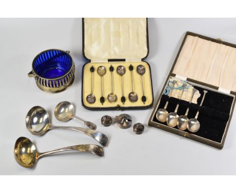 A PARCEL OF MIXED SILVER TABLEWARE including pair of ladles, Georgian silver caddy-spoon, a cased part set of all-silver coff