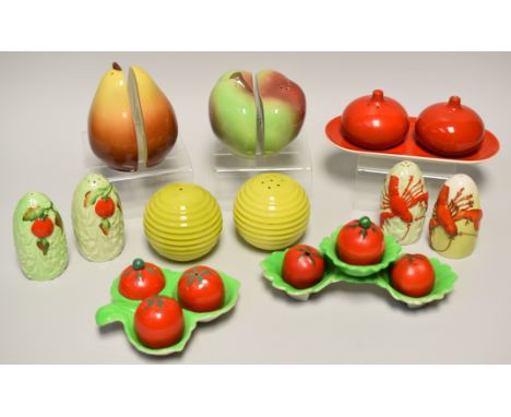 A PARCEL OF NOVELTY CARLTONWARE CRUETS including a split apple salt and pepper, split pear salt and pepper, salt and pepper d