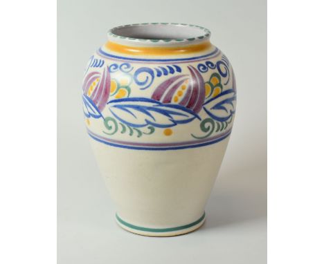 A CARTER STABLER ADAMS POOLE VASE of baluster form, typically decorated with a band of colourful feathers and foliage, decora