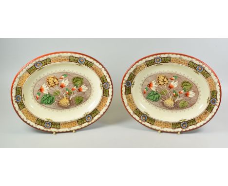 TWO WEDGWOOD CREAMWARE POTTERY DISHES with botanical study transfers after Albrecht Durer, impressed mark to base and stamped