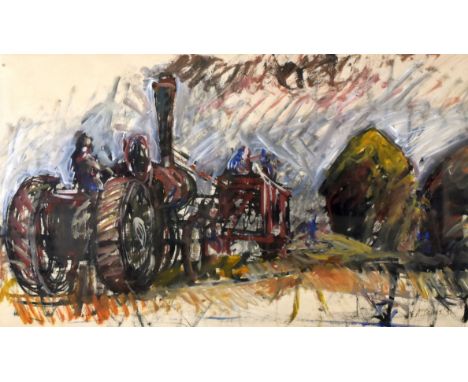 GERALD CAINS RWA acrylic, gouache and ink - steam tractor and threshing machine, entitled verso 'Threshing', singed and dated