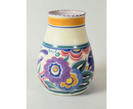 A CARTER STABLER ADAMS POOLE VASE having a narrow neck and decorated colourfully with stylised swallows amongst flowers, deco