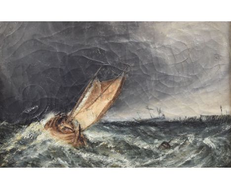 EDWARD WORSLEY oil on canvas - maritime scene, single mast fishing boat in rough seas, label verso 'Sea piece sketch for a la
