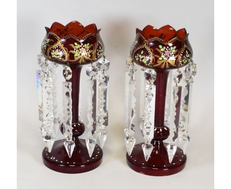 A PAIR OF PAINTED RUBY GLASS DROP-LUSTRE VASES, with coronet tops, 28cms high Condition Report: small nicks only, nothing ser