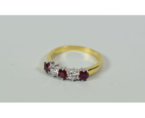 A GOOD DIAMOND & RUBY RING IN 18CT YELLOW GOLD composed of a row of three rubies alternating with two bright white round cut 