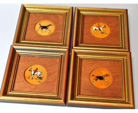CECIL ALDIN set of four painted / printed transfer -  hunting scenes on wooden roundels, signed, 8cms in diam