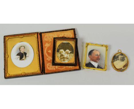 AN AMBROTYPE PHOTOGRAPH, A MINIATURE PORTRAIT & OVAL PHOTO-LOCKET ETC