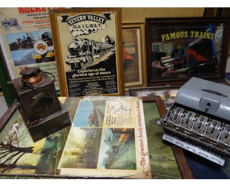 A MIXED PARCEL OF RAILWAY ITEMS including ticket machine, Welch Patent lamp, framed collectables, publications etc