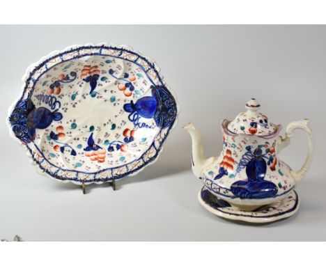 GAUDY WELSH OYSTER ITEMS comprising teapot and stand together with a rare twin handled basin, 31cms long