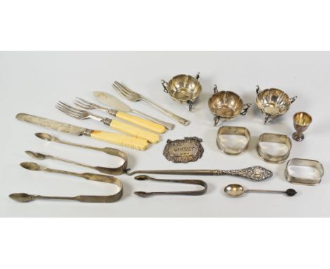 A PARCEL OF MIXED SILVER & part silver items, including set of three silver salts, a Whisky label, flatware, napkin rings etc