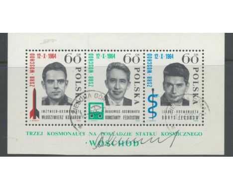 Rare Polish Miniature Sheet of Russian Three manned Space Flight Signed Konstantin Feoktistov 12 5 65 Zielona Postmark on Pol
