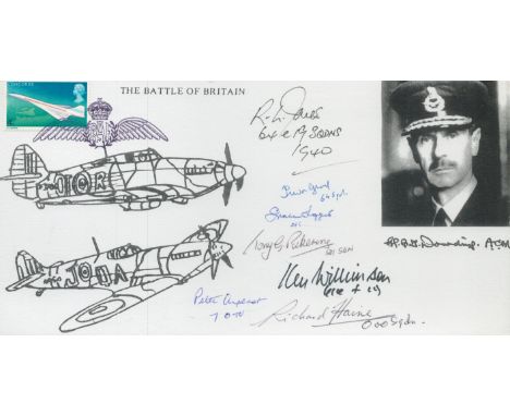 Card Battle of Britain Signed by 7 Battle of Britain Pilots, Crew. Piece Size 9 ½ by 5 inches. Battle of Britain Spitfire, Hu