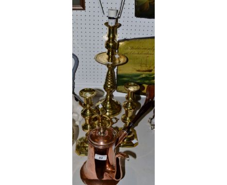 A French copper chocolate pot, turned hardwood handle, c. 1880; a 20th century brass table lamp, cast as an alter candlestick