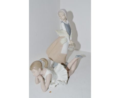 A Nao figure, Ballerina at rest , 23.5cm long; another, Collecting Eggs, 25.5cm high (2)