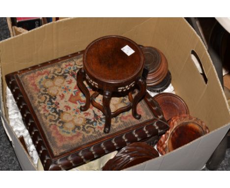A Victorian tapestry top teapot stand, crested surround;  a Chinese carved wooden vase stand, others qty