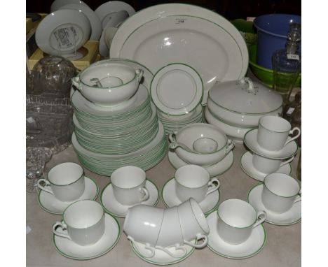 A 20th century dinner service, simply decorated with green bands, comprising of a  graduating set of oval serving plates, a c