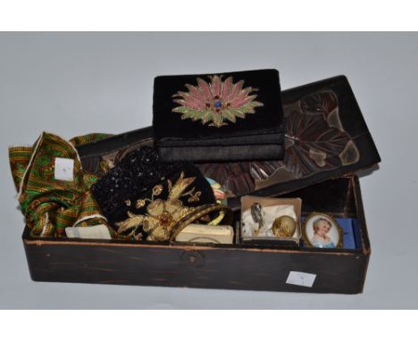 Lady's Accessories - a lady's Italian silk scarf; a velveteen lady's evening bag, embroidered with gold braiding; another, sm