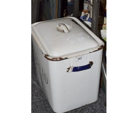 Kitchenalia - an early twentieth century enamel bread bin ; a set of scales with weights; a set of mincers; etc 