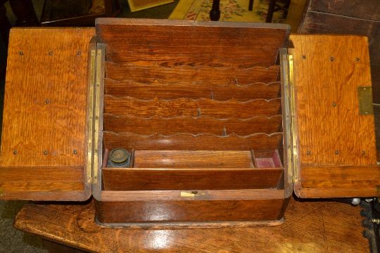 An Edwardian Oak Desk Top Stationary Cabinet Two Sloping Hinge