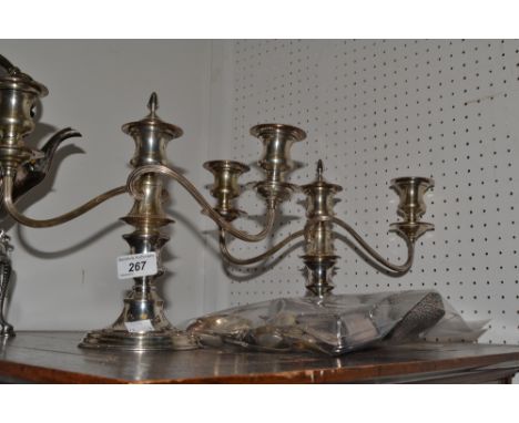 Plated Ware -  a pair of plated three light, two branch candleabras;  plated spoons;  etc 