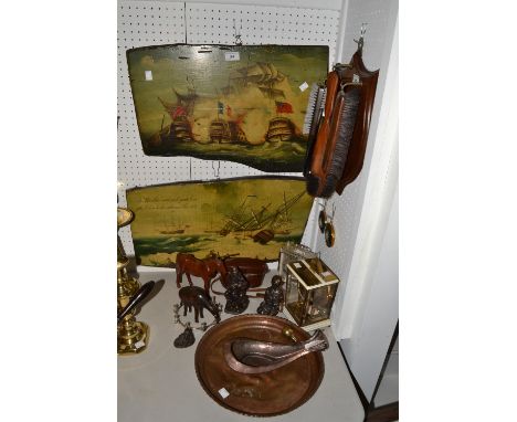 An early 20th century circular copper charger; a Kodak Retina camera, cased; an oak carved model of a horse; another similar,