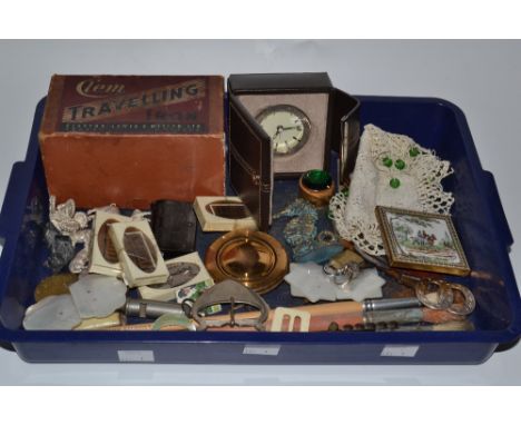 Boxes and Objects - a late Victorian plastic novelty vesta case, as a book, c. 1890; Sheaf Car Wash, Coal Aston brass tokens,