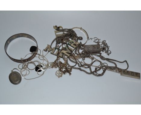 Jewellery - a hallmarked silver ingot pendant; another; a silver bangle; another, smaller; etc, 222.1g gross