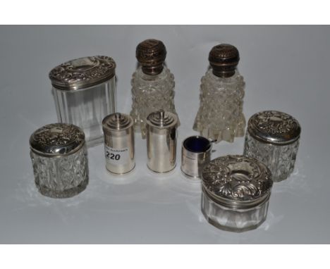 Silver - a Victorian and Edwardian matched six piece dressing table set, comprising pair of scent bottles, four trinket jars;