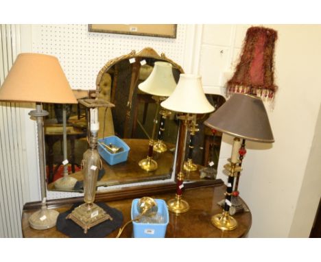 A 20th century century table lamp, stylised base with leaf;   another;  etc (5)