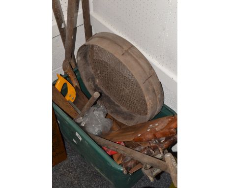 Tools - saws, various; axe;garden sieve; etc 
