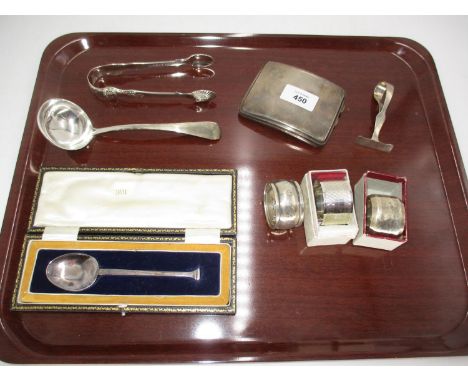 Group of Silver Comprising Seal Top Spoon, Ladle, Sugar Tongs, Pusher, Cigarette Case and 3 Napkin Rings, 374g total 