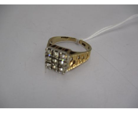 Nine Stone Square Cluster Ring in 9ct Gold Textured Mount, Size L, 3.3g 