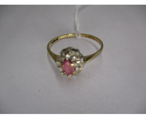 Ruby and Diamond Oval Cluster Ring in 9ct Gold Mount, Size P, 1.6g 