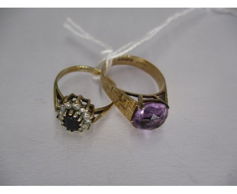 9ct Gold Amethyst Ring, Size M, 2.4g, and a 9ct Gold Cluster Ring, Size I, 1.7g 