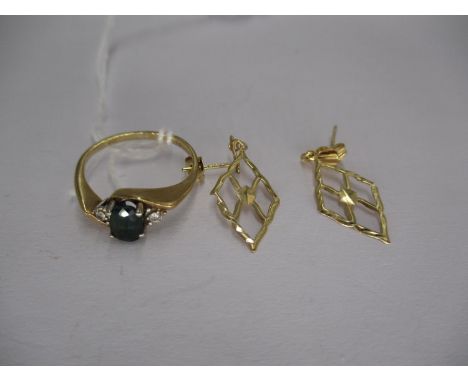 9ct Gold 3 Stone Ring, Size H, and a Pair of 9ct Gold Earrings, 2g total 