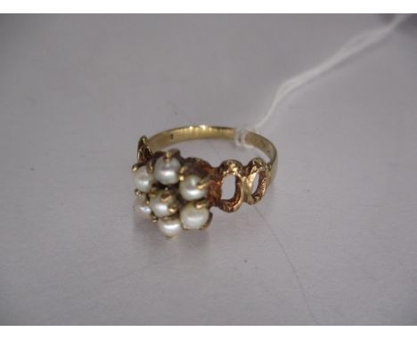 Pearl Cluster Ring in 9ct Gold Mount with Pierced Openwork Shoulders, Size L, 2g 