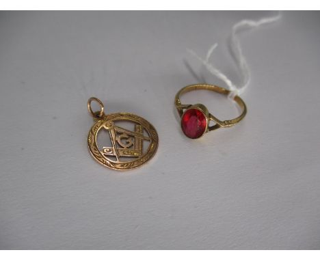 9ct Gold Masonic Pendant and a 9ct Gold Red Stone Ring, 2.4g total 