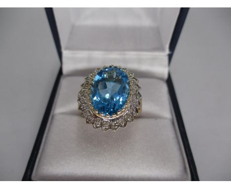 9ct Gold Large Blue Topaz and Diamond Ring 