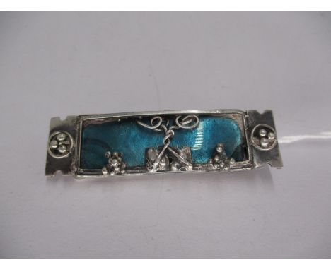 Arts &amp; Crafts Style Silver and Turquoise Enamel Rectangular Brooch Applied with Grape Clusters and Leaves 