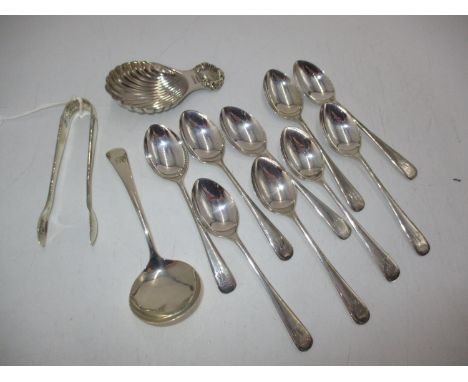 Silver Shell Bowl Caddy Spoon, Silver Sugar Ladle, 9 Silver Teaspoons and Tongs, 160g 