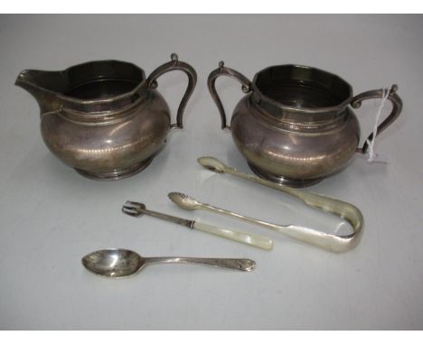 Silver Sugar and Cream, Sheffield 1937, 604g, along with Silver Sugar Tongs, Spoon and Butter Fork 