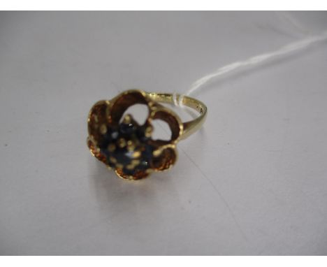 Sapphire Cluster Ring in 9ct Gold Mount with Openwork Stylised Petals, Size L, 2.9g 