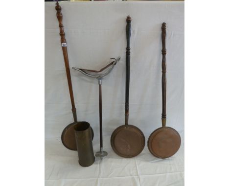 Copper warming pans (3) brass shell case and shooting stick 
