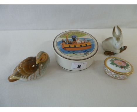 Zsolnay rabbit, Villeroy and Boch trinket box, Crown Derby Wild Rose box etc (4) 